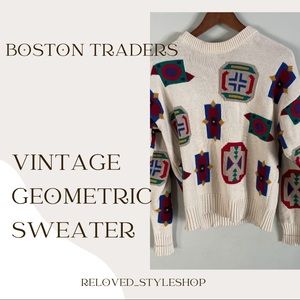 Boston Traders   Vintage Geometric Knit Sweater Cream Colour Shapes Size Medium